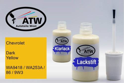 Chevrolet, Dark Yellow, WA9418 / WA253A / 86 / 9W3: 20ml Lackstift + 20ml Klarlack - Set, von ATW Autoteile West.